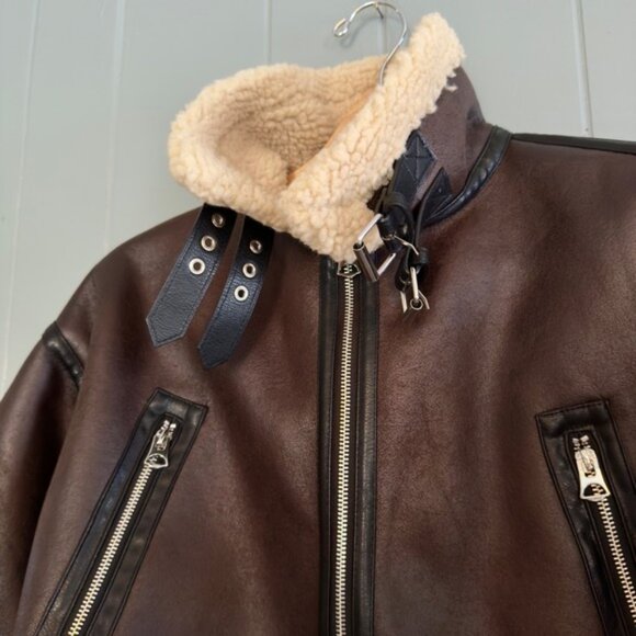 Cropped aviator shearling moto jacket brown faux leather Coat Zara Sz M NO BELT - Picture 7 of 10